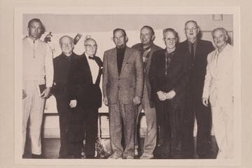 Grand Canyoneers at the Emery Kolb dinner party at Grand Canyon.  Gay Stavely; Dock Marston; Emery Kolb; Jim Jordan; Bill Belknap; Elwyn Blake; Ed Hudson; Harry Aleson