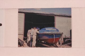 Rod and Larry Sanderson with Ed I'Anson at work on the "CACTUS" at shop in Fredonia