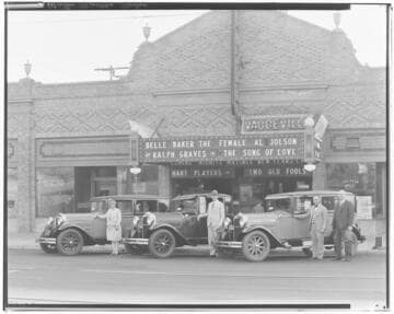 Three Essex automobiles in front of Warner's Egyptian Theatre, 2316 East Colorado, Pasadena. 1929